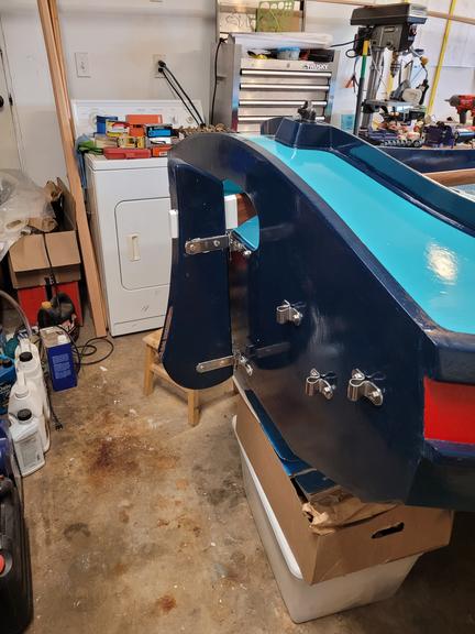 Installed transom gudgeons and motor mount cleats